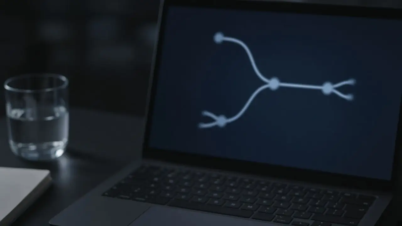 A close view of a laptop screen showing a blurred decision tree of three unlabeled branches, on a dark desk.