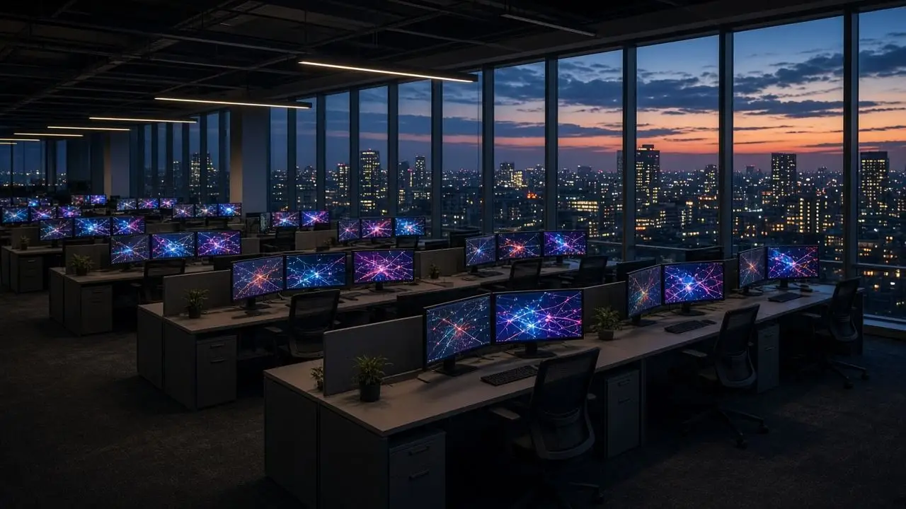 An empty open-plan office at dusk with rows of monitors showing abstract coloured network patterns and city lights beyond tall windows, with no people, logos, or readable text.