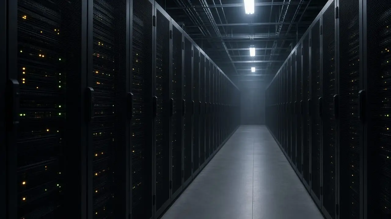 An empty server-room aisle lined with dark racks and small status lights, with no people, logos, or readable labels.