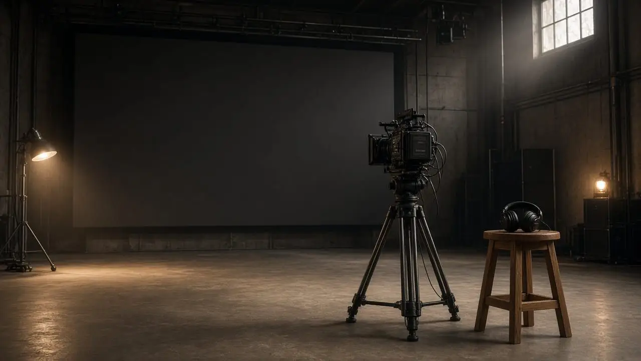 An empty sound stage with a blank dark screen, a camera on a tripod, and headphones on a stool, and no people, logos, or readable text.