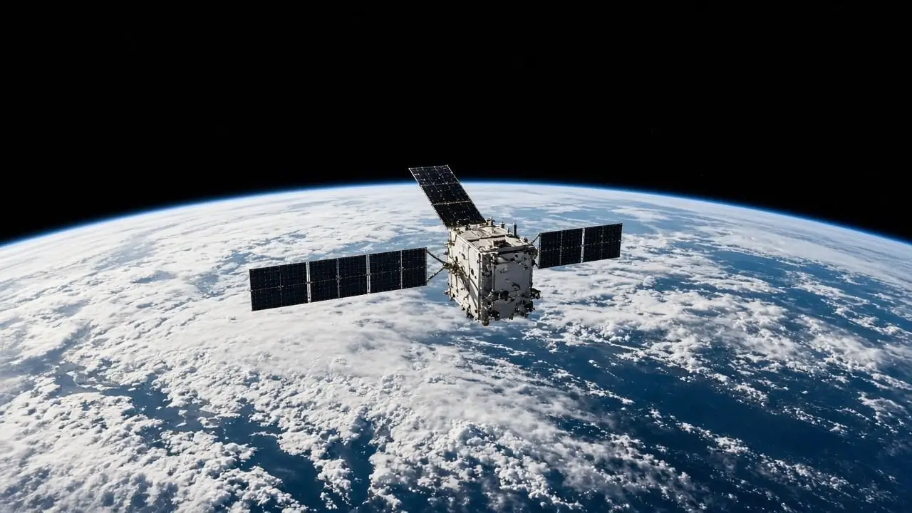 A small boxy satellite with solar panels orbiting above the curve of the Earth, with clouds below and black space above, with no logos or readable text.