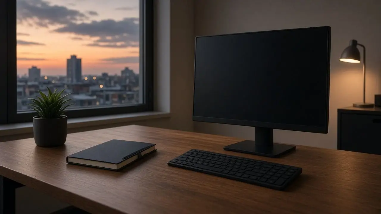 An empty office desk with a dark monitor, a keyboard, and a closed notebook, and no people, logos, or readable screens.