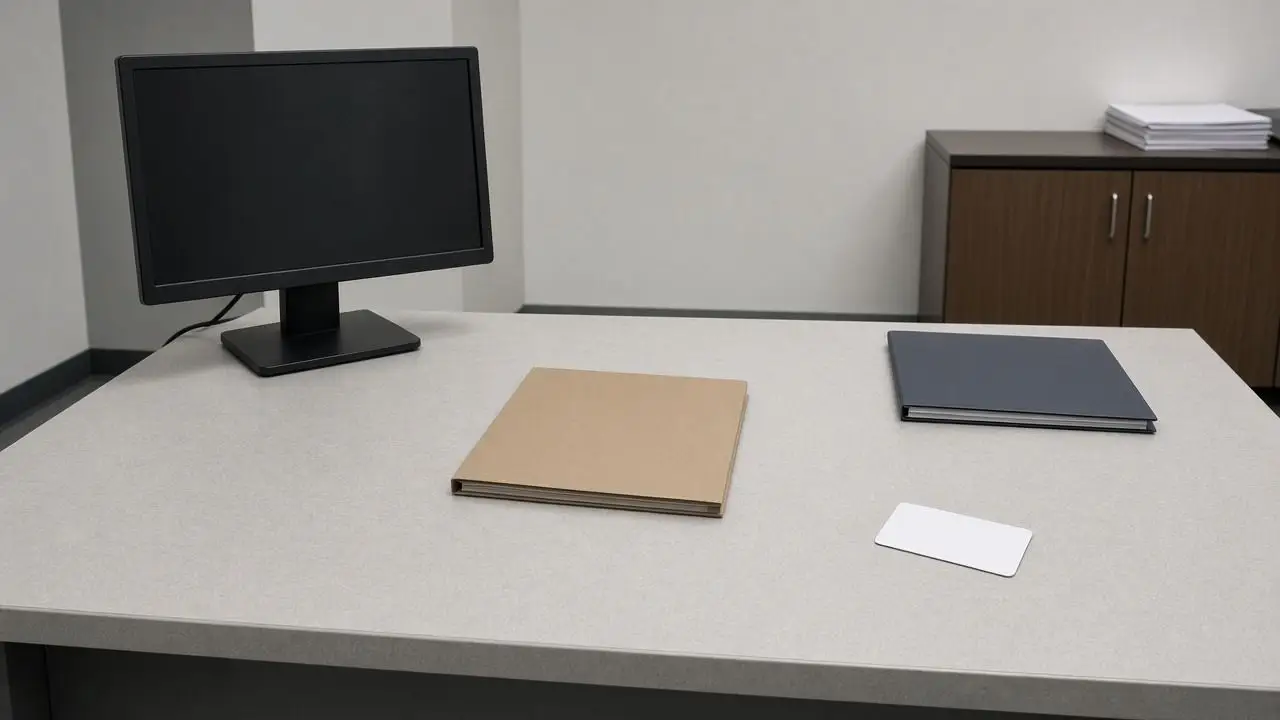 An empty office table with closed folders, a dark monitor, and a blank access card face-down, and no people, seals, flags, or readable text.