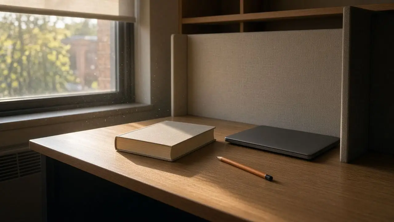 An empty library carrel with a printed manuscript, a closed laptop, and a pencil, and no people in the frame.