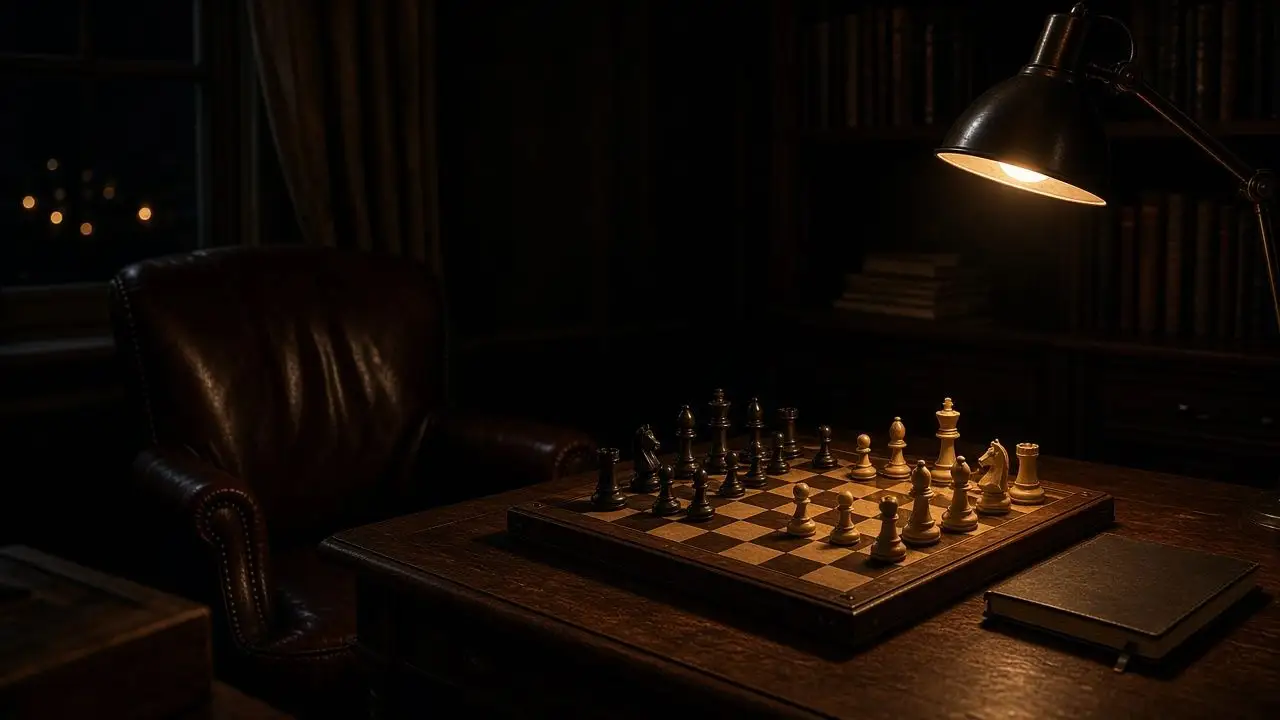 A dim study at night with an empty chair, a chessboard, and a notebook, lit by a single desk lamp.
