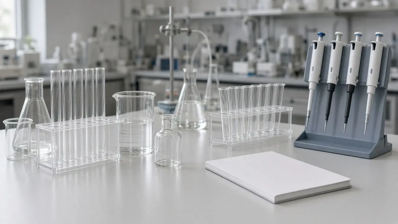 An empty biochemistry bench with glassware, a closed notebook, and no people, labels, or readable screens.