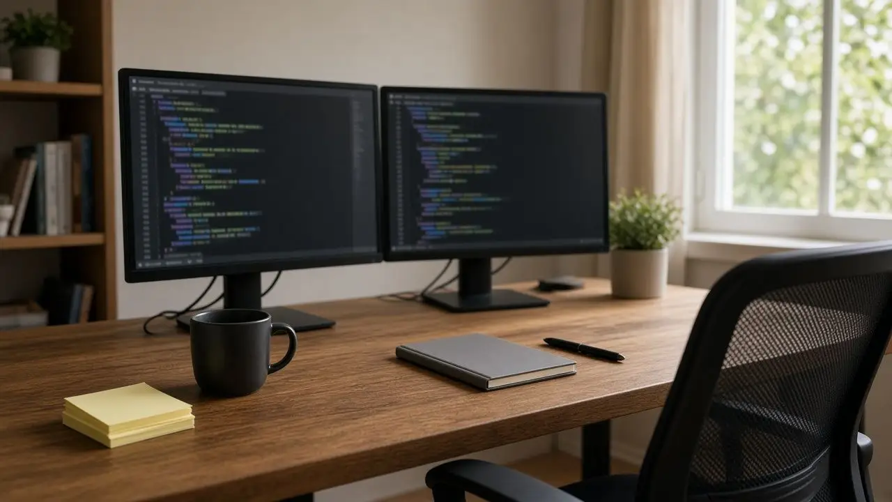 A wooden desk with two monitors showing blurred code, a stack of sticky notes, and an empty chair.