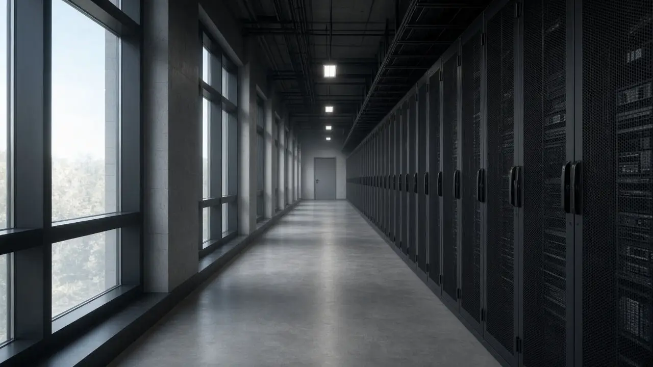 An empty data-hall aisle with dark racks, a side window, and no people, flags, logos, or readable labels.