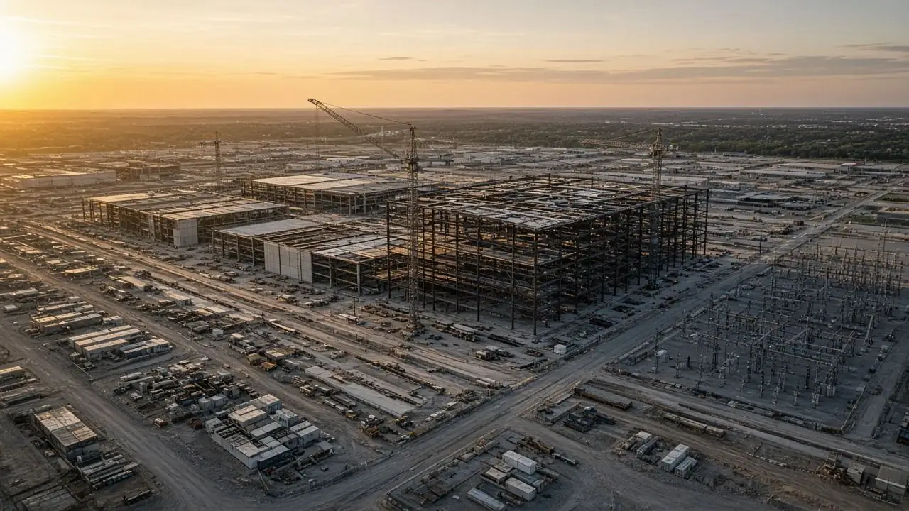 An aerial view of a large data center campus under construction at golden hour, with cranes and a substation and no people, logos, or signage.