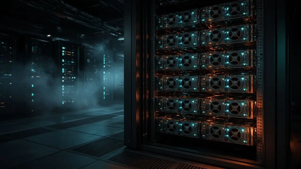 Dense GPU server racks glowing with blue and amber lights in a dark, hazy compute hall, with no people, logos, or readable labels.
