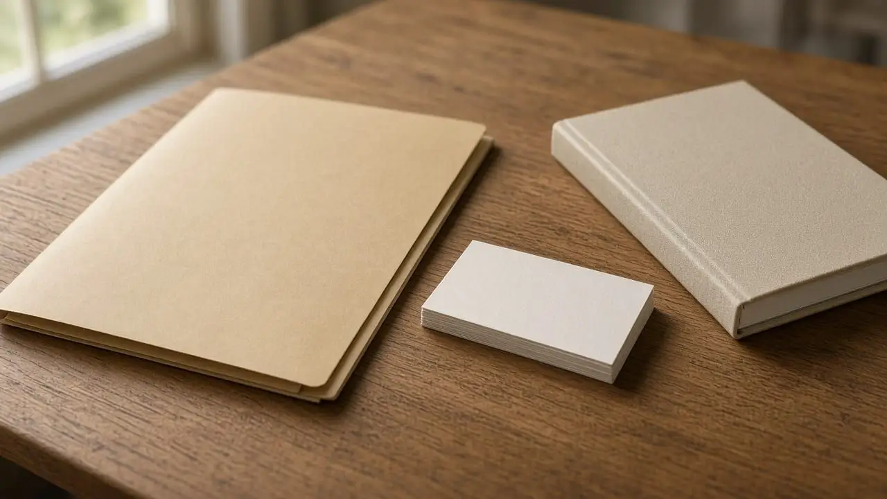 A closed folder, a stack of blank cards, and a closed notebook on a wood desk, with no people, logos, or readable writing.