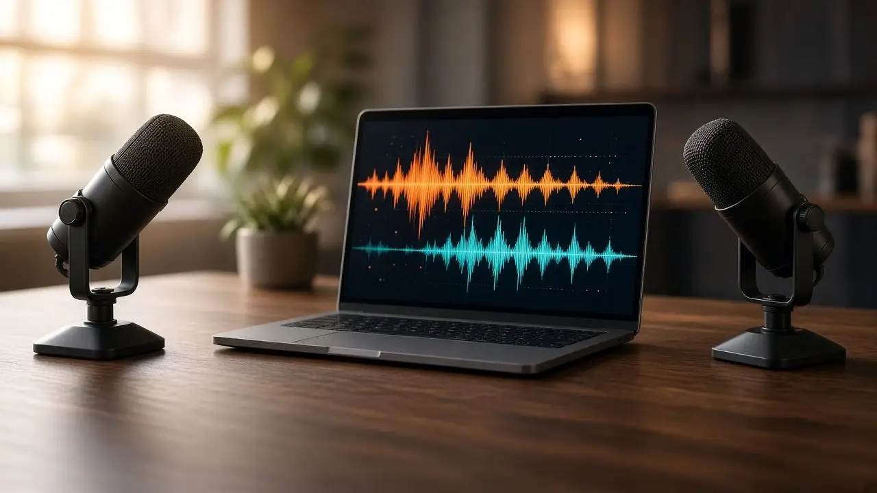 A studio microphone beside a laptop showing two coloured audio waveforms on a wooden desk, with no people, logos, or readable text.
