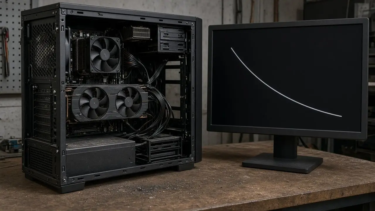 A GPU workstation on a lab bench with its side panel off, cables visible, and a dark monitor showing a loss curve too blurred to read.