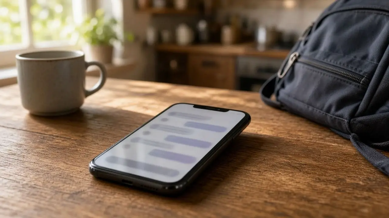 A smartphone showing a blurred chat screen on a wooden kitchen table beside a mug and a school backpack in morning light, with no people, logos, or readable text.