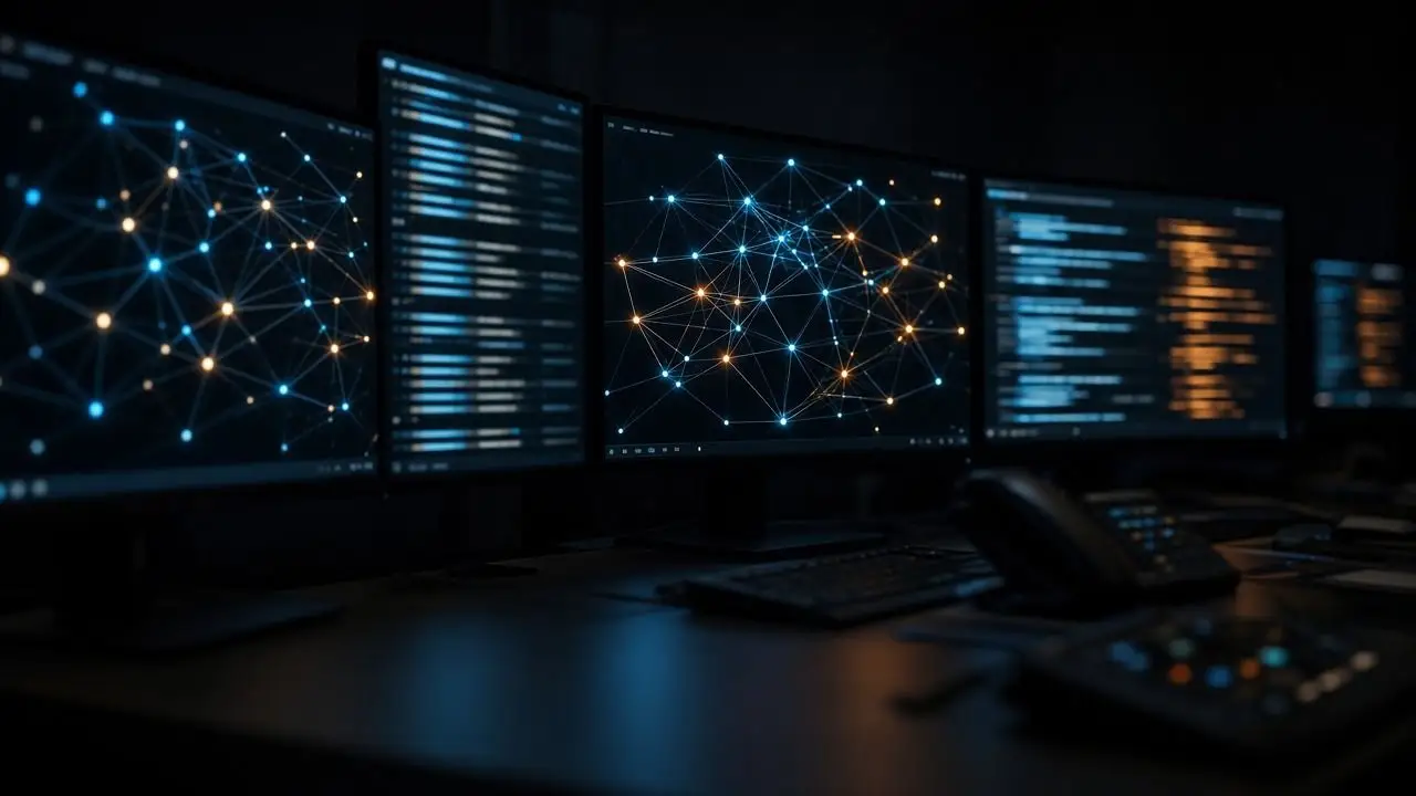 A row of dark monitors in a quiet operations room showing glowing node-and-link network graphs, with no people, logos, or readable text.