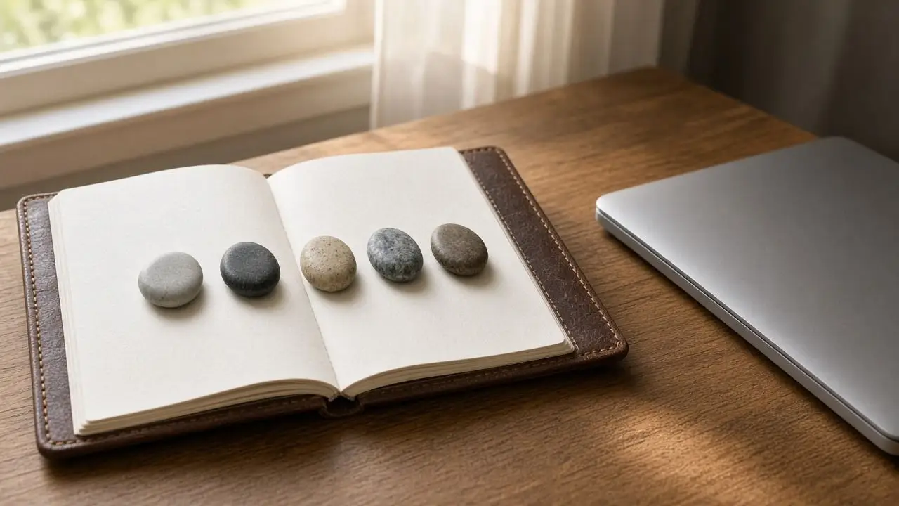 Five smooth stones lined up across the blank pages of an open leather notebook on a sunlit wooden desk, with no people, logos, or readable text.