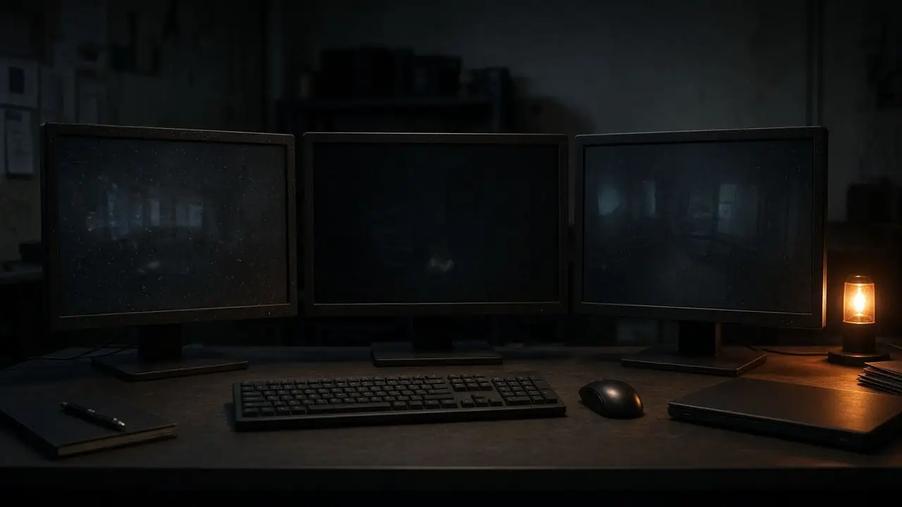 An empty security-operations desk with dark monitors and a single amber indicator, and no people or readable screens.