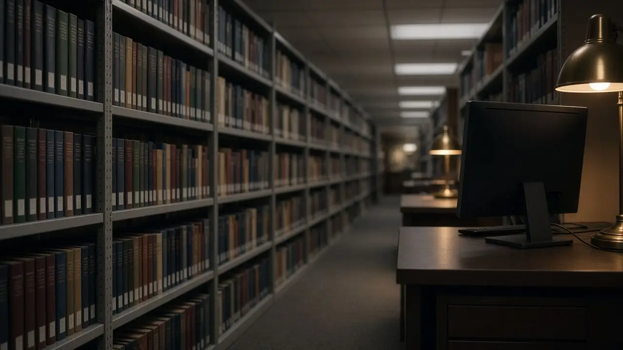 A quiet research-library aisle with bound journals, a dark computer terminal, and no people.