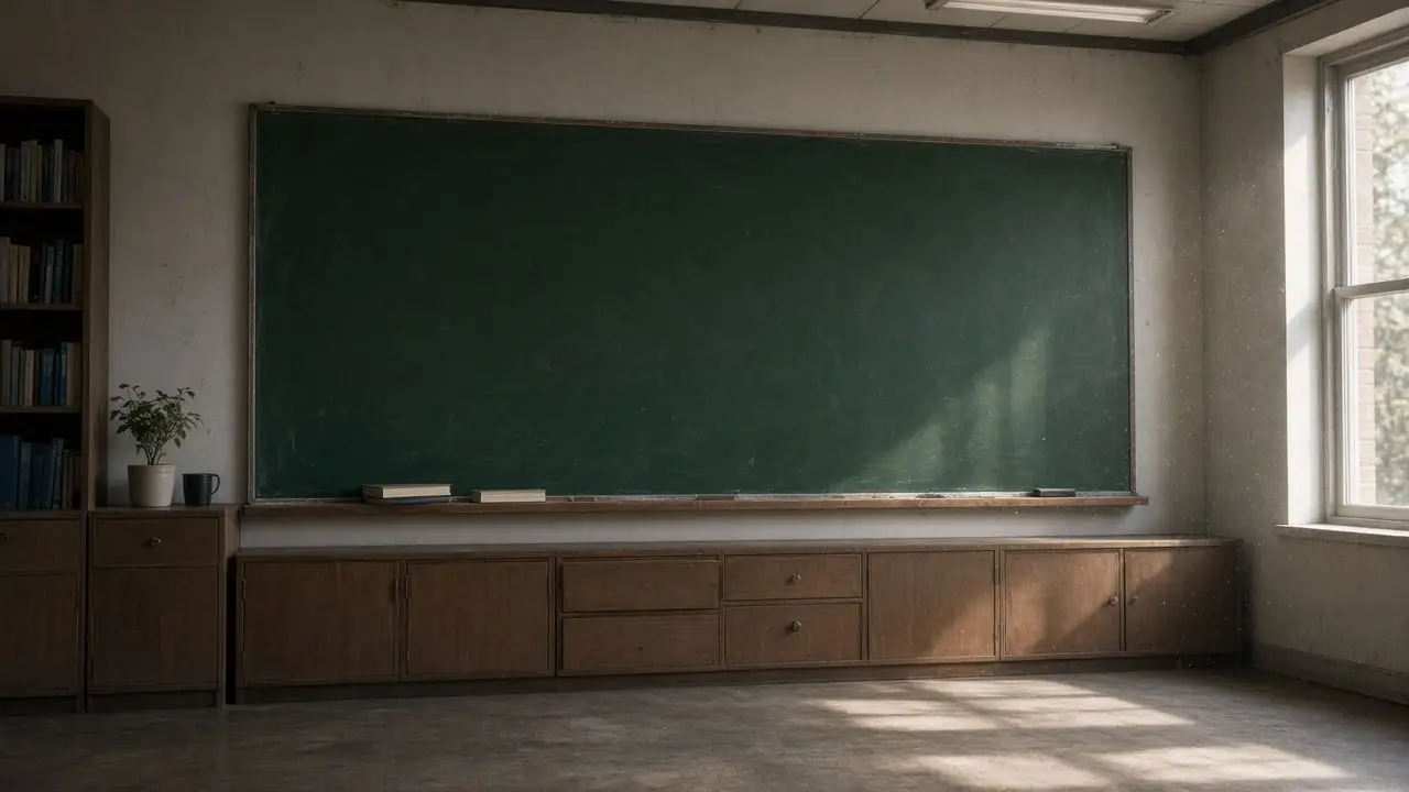 An empty chalkboard in a quiet office, the board wiped clean, with a closed notebook on the ledge and no people or writing.