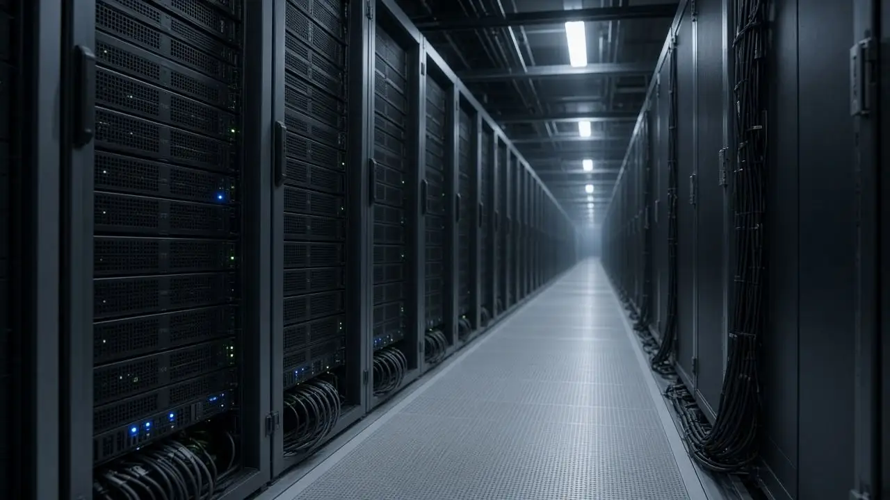 An empty compute aisle with dense servers, dark status lamps, and no people, logos, or readable asset tags.