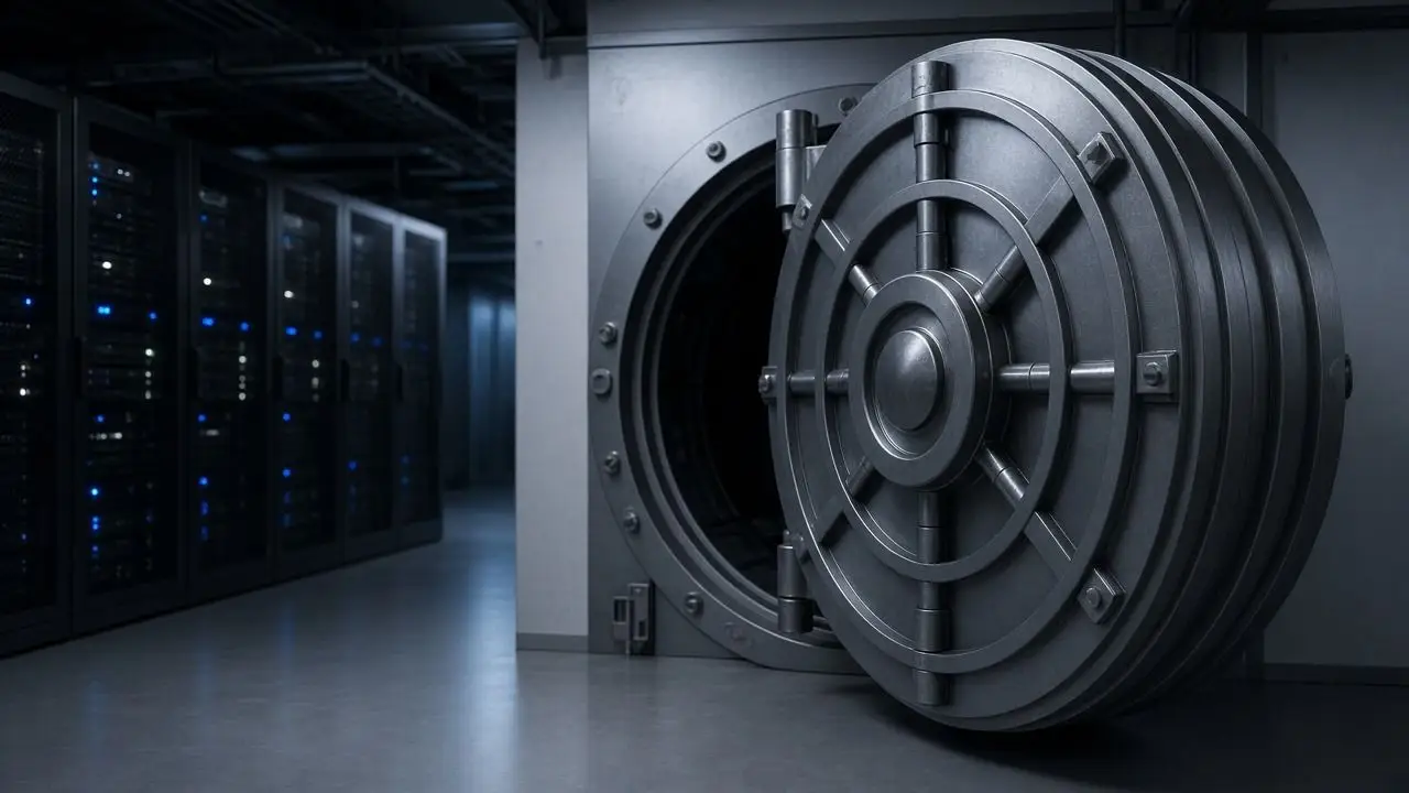 A heavy steel vault door standing ajar inside a server room, with no people, logos, or readable text.