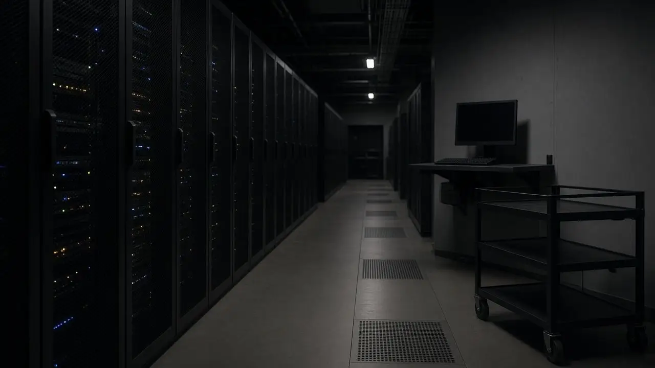 A dim server room with racks and a blank maintenance terminal, and no people, logos, or readable screens.