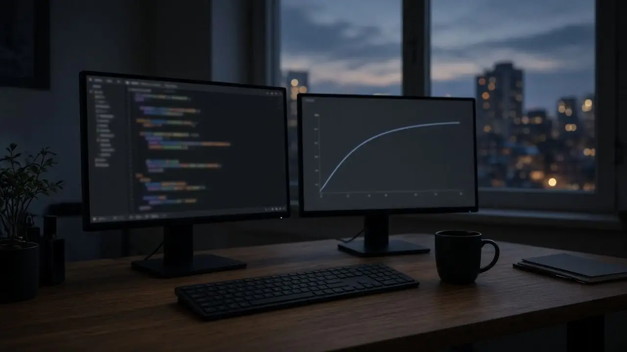 A developer desk with two monitors showing blurred code and a training curve, and no readable text or logos.