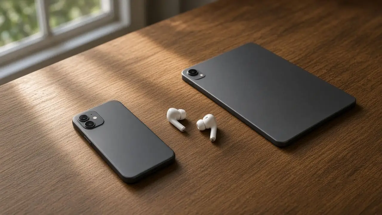 A phone and a tablet face-down on a wooden table beside earbuds, screens off, with no people, logos, or readable text.