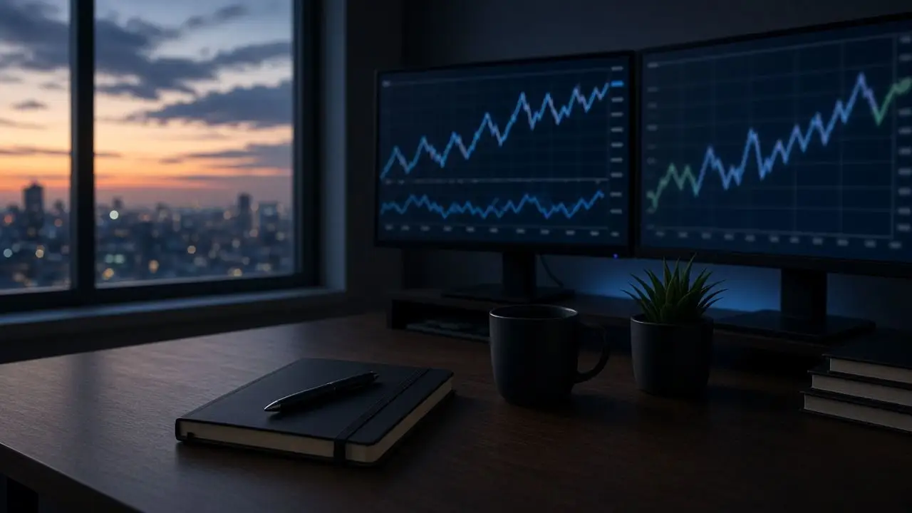 An empty analyst desk with two monitors showing blurred charts, a closed notebook, and no readable figures or people.