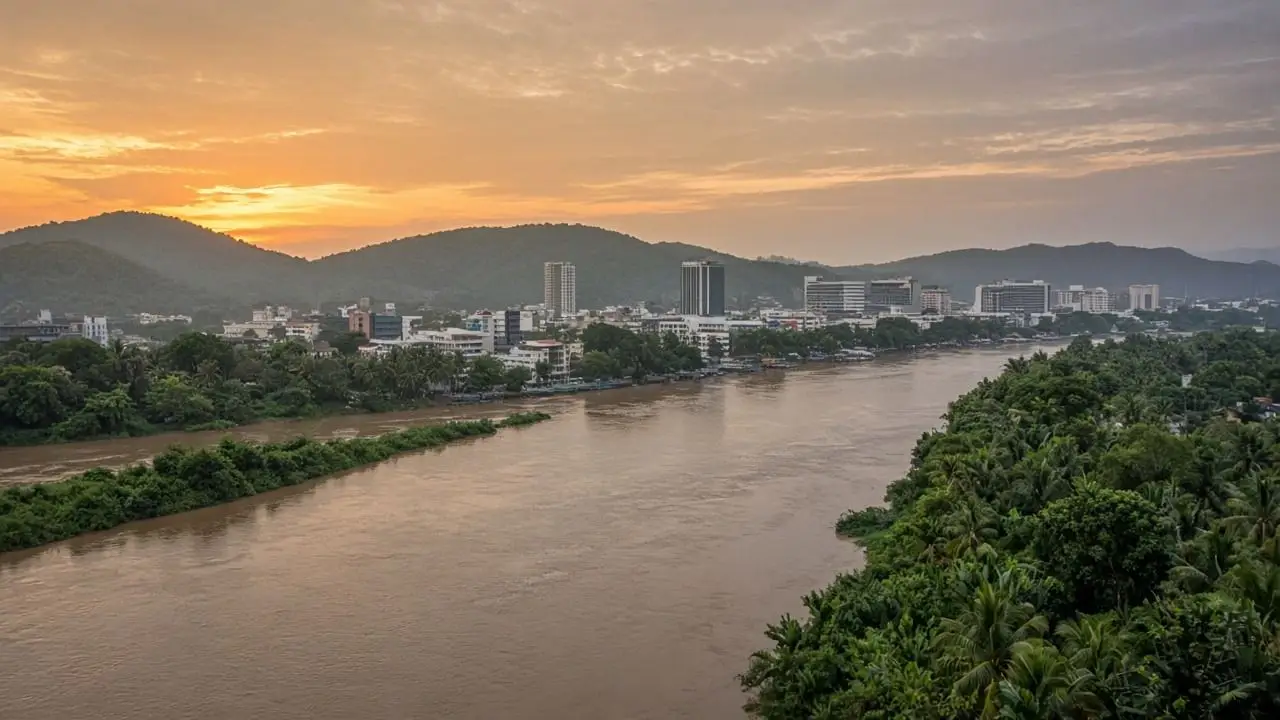 A tropical riverside city at sunset with green hills and modern low-rise buildings, with no people, flags, or readable signs.