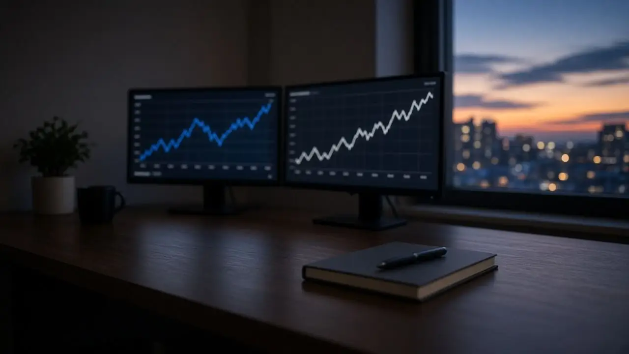 An empty desk with two monitors showing blurred charts, a closed notebook, and no readable figures, logos, or people.