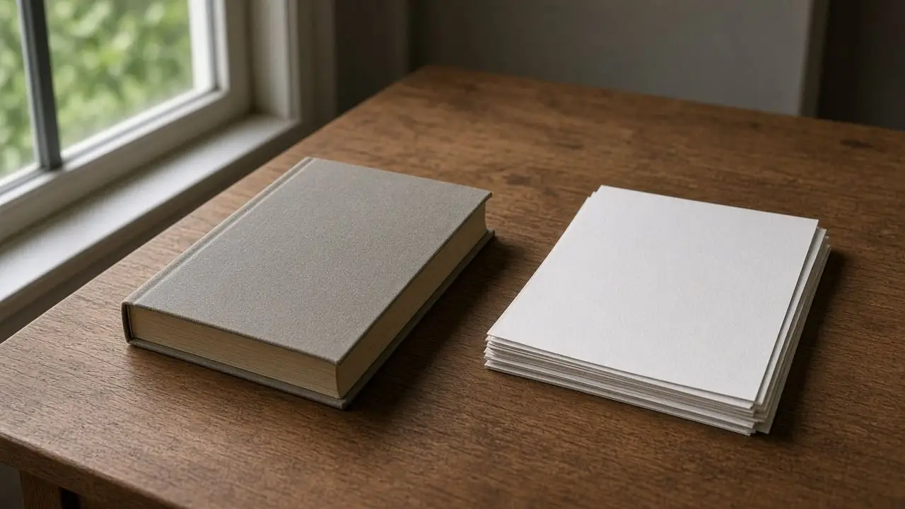 A closed bound volume and a face-down stack of papers on an empty wood desk, with no people, seals, flags, or readable text.