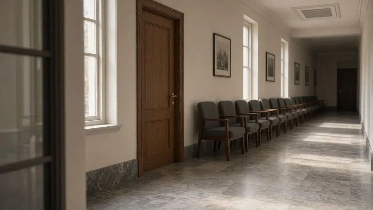 A federal office corridor with a closed hearing-room door, empty chairs, and no seals or readable signs.