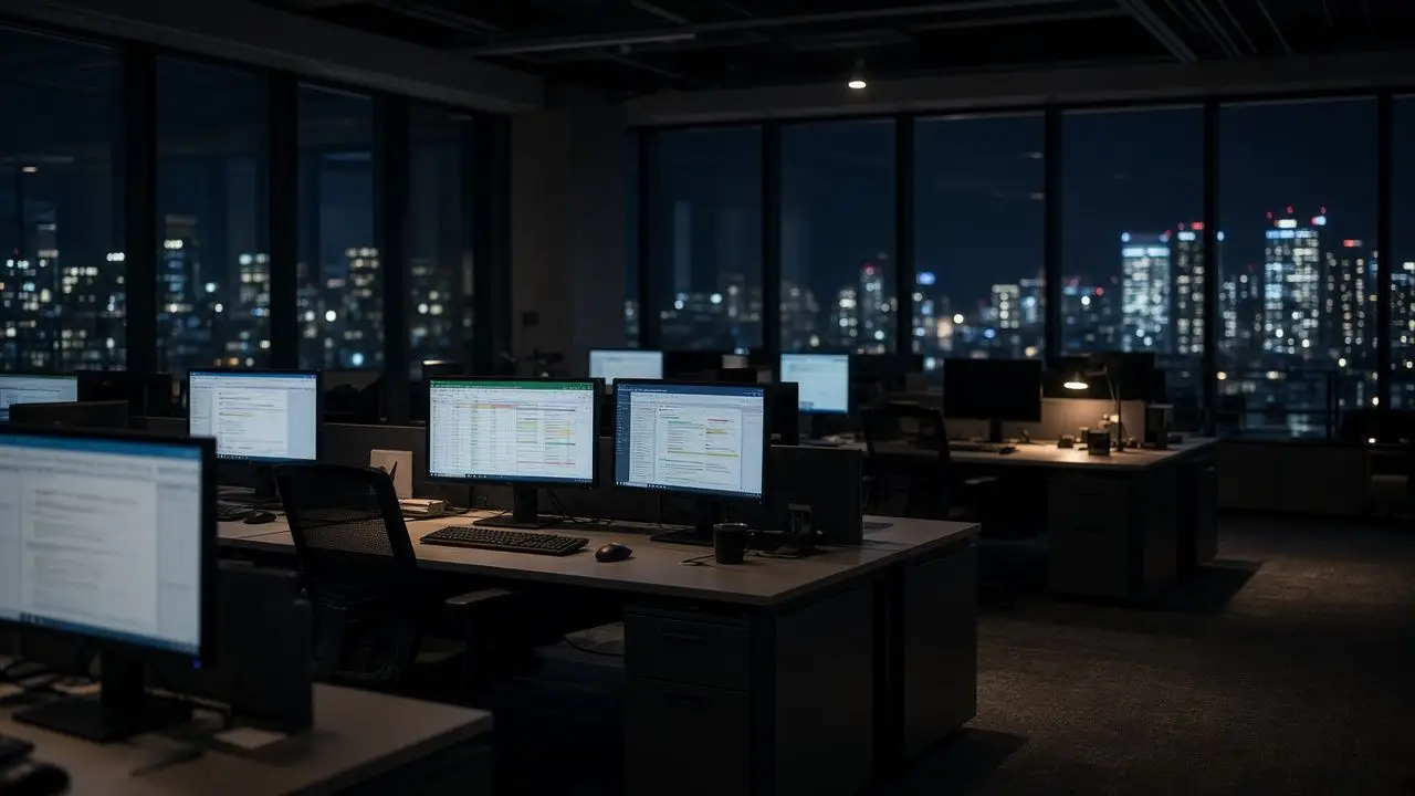 An empty open-plan office at night, with monitors showing blurred documents and a city visible through the windows.