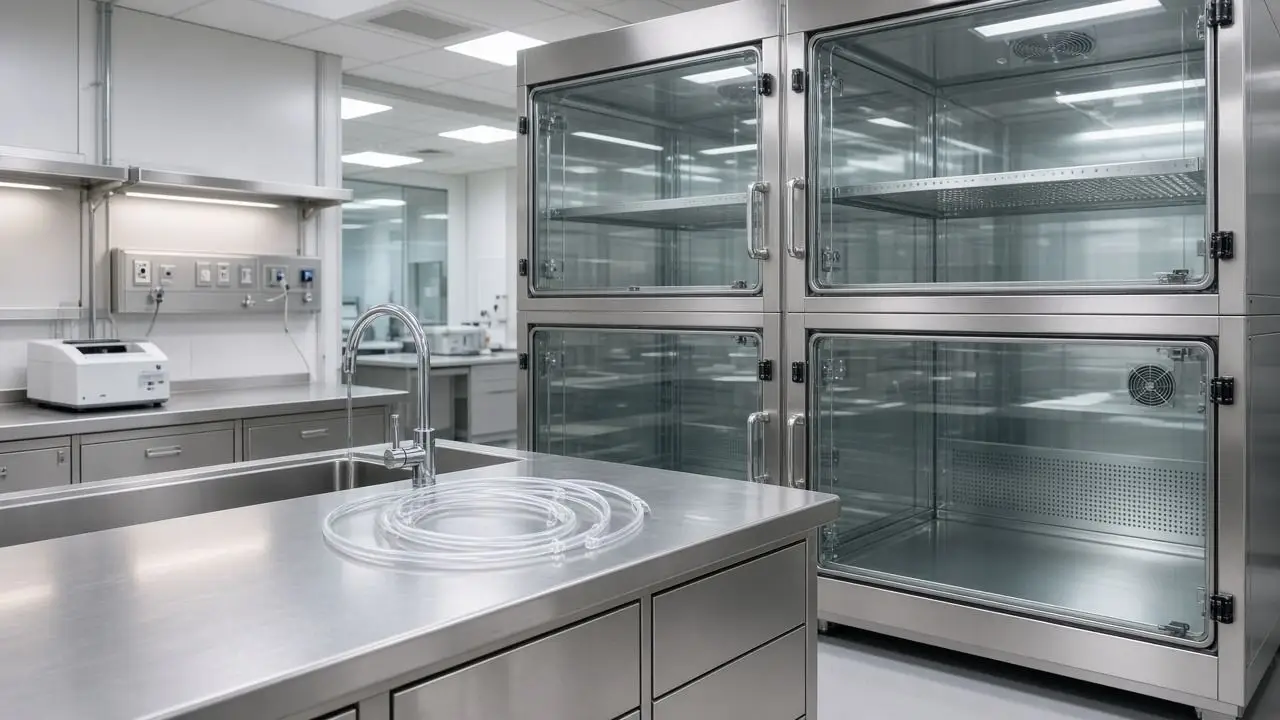 An empty laboratory with closed incubators, a stainless bench, and no people, flags, or readable labels.